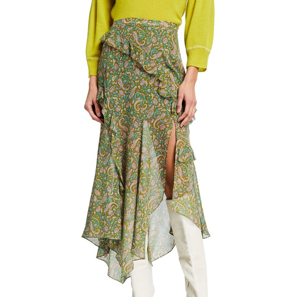 Veronica Beard Eleonora Ruffled Green Printed Midi Skirt